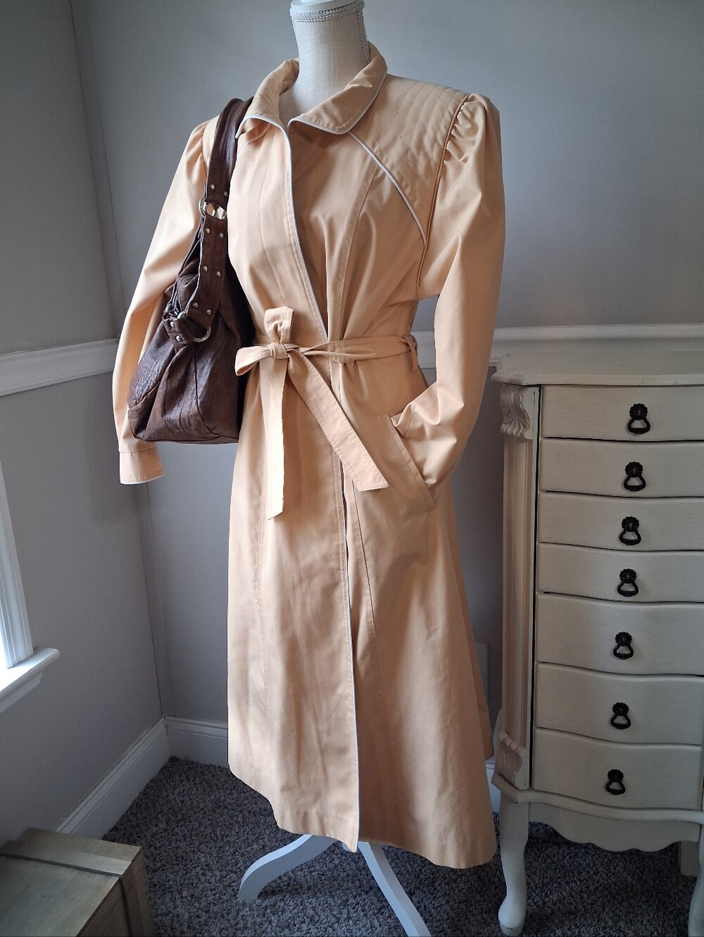 Vintage Windsor Bay Long-Sleeve Tie-Waist Trench Coat